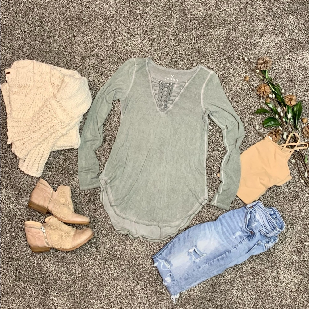 Women's boho American Eagle Soft & Sexy Sz XS Muted Olive Green Cottage Tie Knot